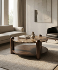 Modern living room with a wooden coffee table, beige sofa, and black armchair.