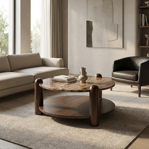 Modern living room with a wooden coffee table, beige sofa, and black armchair.