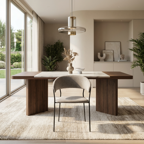 Modern dining room with wooden table, chair, and large windows.