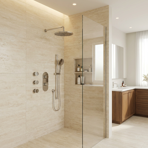 ShowerBox03 Polished Nickel 3-Way Shared Thermostatic Shower Kit with 3 Body Jets - Aquabrass