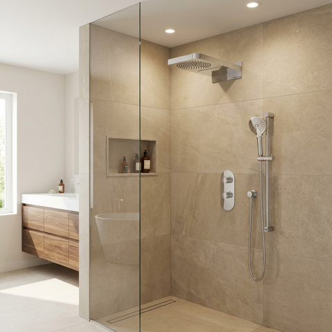 ShowerBox04 Polished Chrome 3-Way Shared Thermostatic Shower Kit with Dual-Function Aquasheet Rainhead - Aquabrass