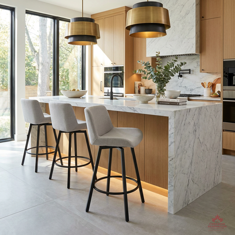 Modern kitchen with marble island, bar stools, and pendant lights.