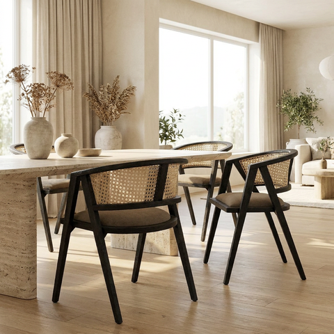 Modern dining room with wooden table and black chairs, large windows, and neutral decor.