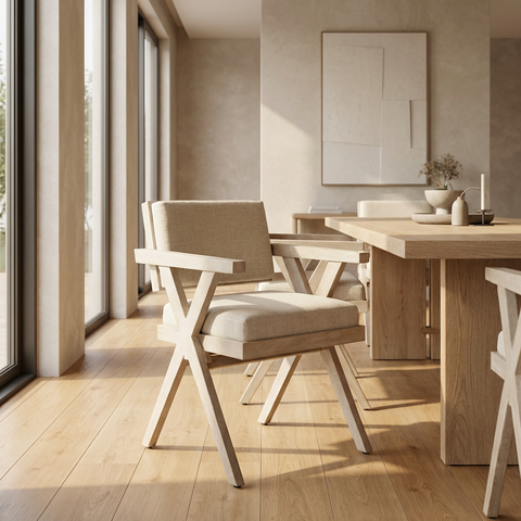 Modern dining room with wooden table and chairs in a bright room.