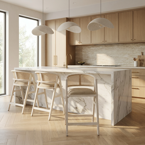 Modern kitchen with marble island and wooden stools