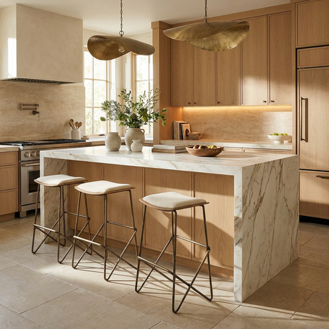 Modern kitchen with marble island and bar stools