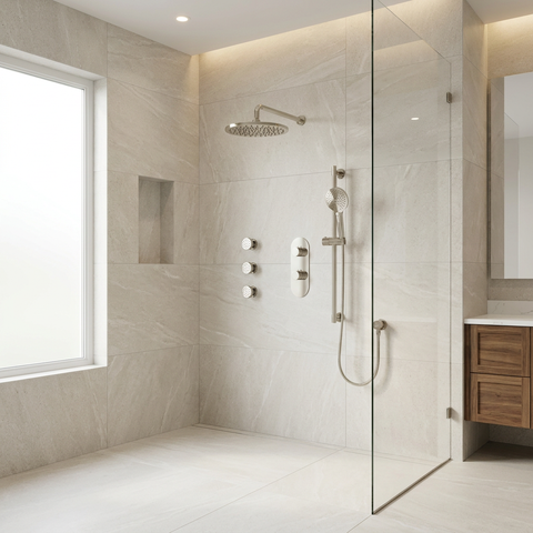 ShowerBox03G Polished Nickel 3-Way Non-Shared Thermostatic Shower Kit with 3 Body Jets - Aquabrass