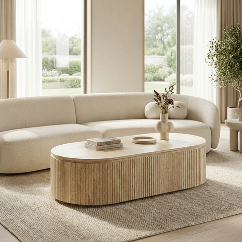 Modern living room with a beige sofa and wooden coffee table.