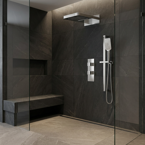MiamiBox04G Polished Chrome 3-Way Non-Shared Thermostatic Shower Kit with Dual-Function Aquasheet Rainhead - Aquabrass
