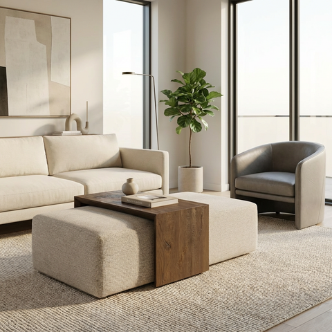 Modern living room with beige sofa, ottoman, and armchair near large windows.