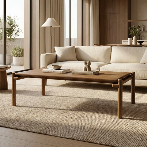 Modern living room with a beige sofa, wooden coffee table, and decorative items.
