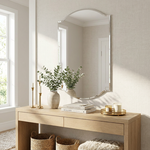 Wooden console table with decorative items in a room with a large mirror.