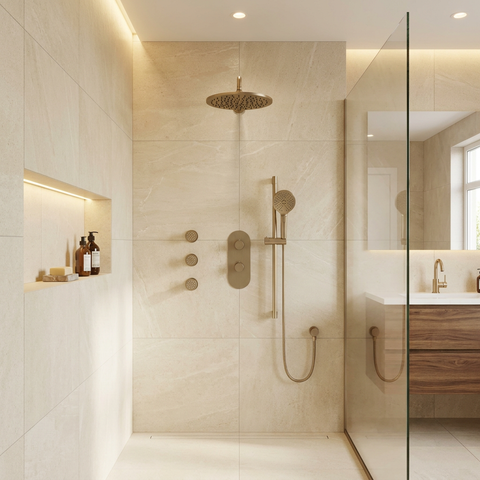 ShowerBox03G Brushed Nickel 3-Way Non-Shared Thermostatic Shower Kit with 3 Body Jets - Aquabrass