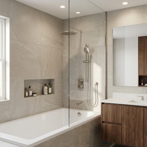 ShowerBox02 Polished Nickel 3-Way Non-Shared Thermostatic Tub and Shower Kit with 12-Inch Rainhead - Aquabrass
