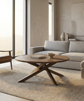 Modern living room with a wooden coffee table and gray sofa.