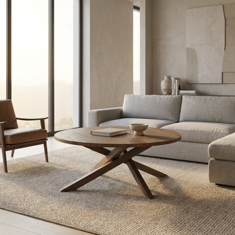 Modern living room with a wooden coffee table and gray sofa.