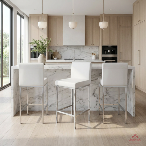 Modern kitchen with marble island and white bar stools