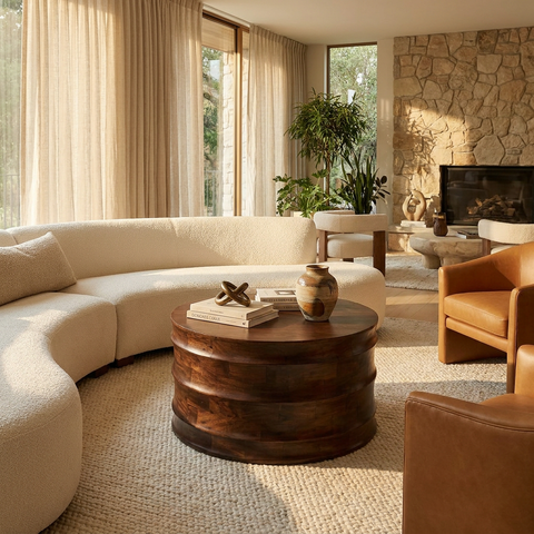 Cozy living room with a beige sectional sofa, wooden coffee table, and stone fireplace.