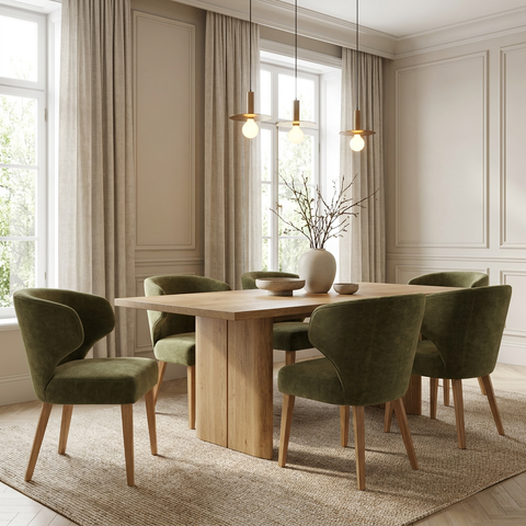 Dining room with wooden table and green chairs near large windows.