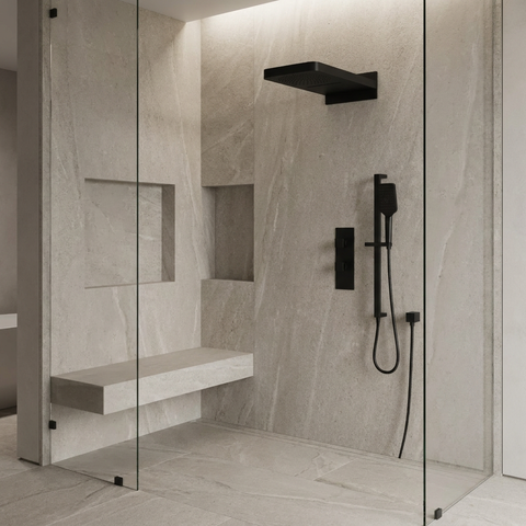 MiamiBox04 Black 3-Way Shared Thermostatic Shower Kit with Dual-Function Aquasheet Rainhead - Aquabrass