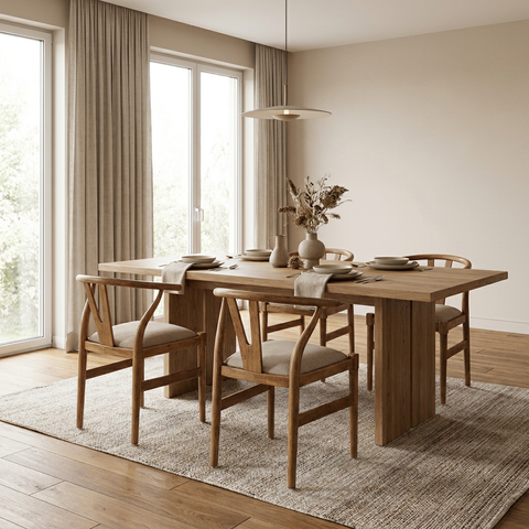 Dining room with wooden table and chairs in a bright room with large windows.
