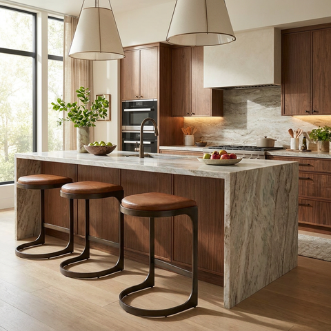 Modern kitchen with marble island, wooden stools, and stainless steel appliances.