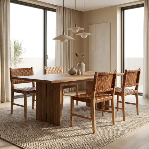 Dining room with wooden table and chairs near large windows.