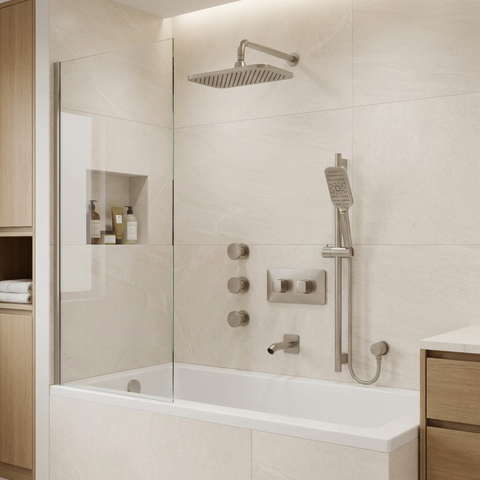 INABOX03 Brushed Nickel 3-Way Non-Shared Thermostatic Shower Kit with Rectangular Rainhead and 3 Body Jets - Aquabrass