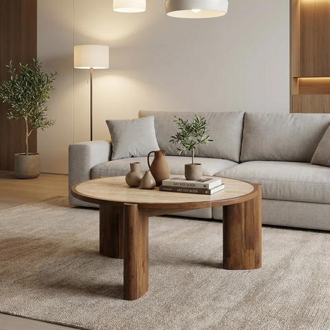 Modern living room with a gray sofa, wooden coffee table, and decorative items.