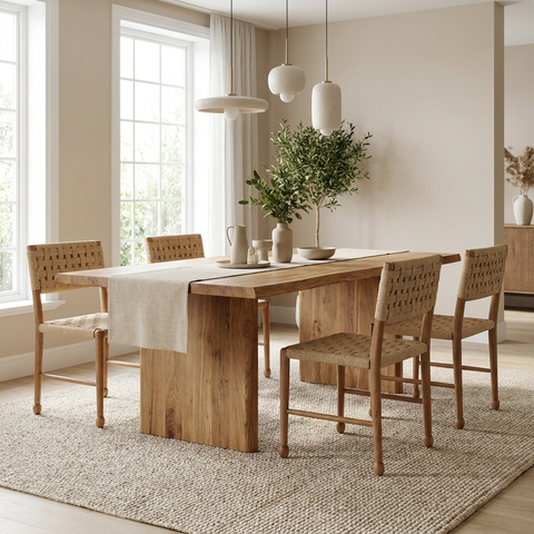 Dining room with wooden table and chairs in a bright room.
