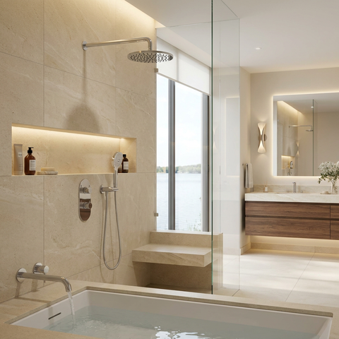 ShowerBox02N Polished Chrome 3-Way Shared Thermostatic Tub and Shower Kit with 12-Inch Rainhead - Aquabrass