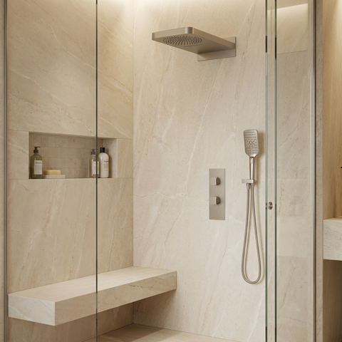 MiamiBox04G Brushed Nickel 3-Way Non-Shared Thermostatic Shower Kit with Dual-Function Aquasheet Rainhead - Aquabrass