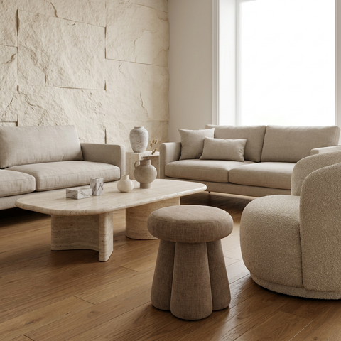 Oona Stonewashed Latte Fabric Ottoman - Mercana