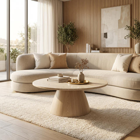 Modern living room with a beige sectional sofa, wooden coffee table, and decorative elements.
