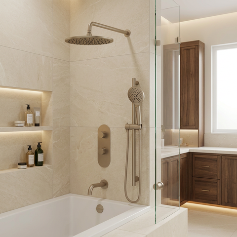 ShowerBox02N Brushed Nickel 3-Way Shared Thermostatic Tub and Shower Kit with 12-Inch Rainhead - Aquabrass