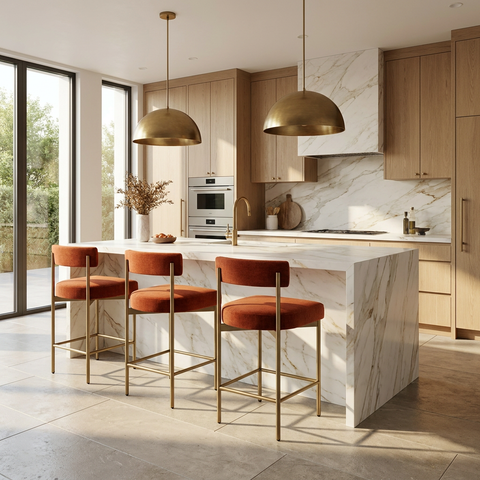 Modern kitchen with marble island, gold pendant lights, and orange stools.