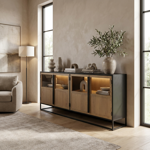 Modern living room with a wooden sideboard, lamp, and decor items.