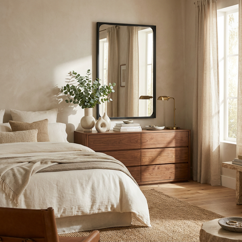 Neatly arranged bedroom with wooden dresser, mirror, and decor items.