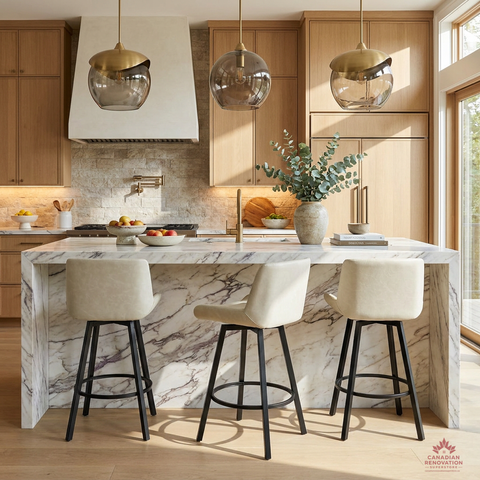 Modern kitchen with marble island, bar stools, and pendant lights.
