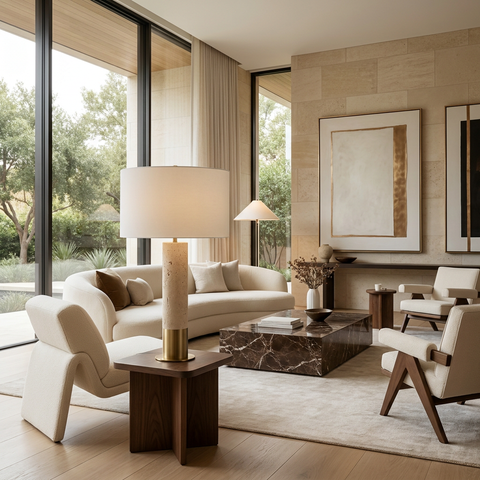 Amadora Travertine and Antique Brass Table Lamp 