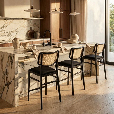 Annex Black Velvet Rattan Counter Stool 
