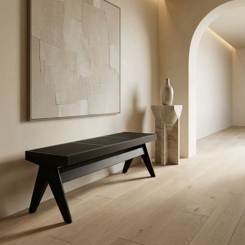 Arvin Black Wood and Cane Dining Bench