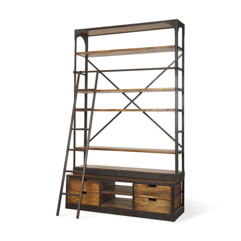 Brodie Medium Brown Solid Mango Wood Black Ladder Shelving Unit-1