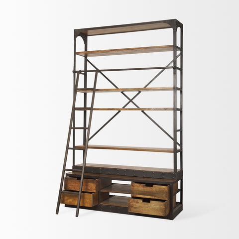 Brodie Medium Brown Solid Mango Wood Black Ladder Shelving Unit-2
