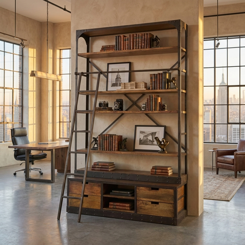 Brodie Medium Brown Solid Mango Wood Black Ladder Shelving Unit