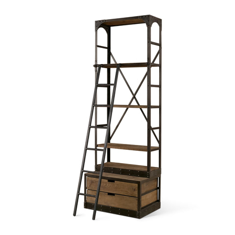 Brodie VII Solid Mango Wood Gun-Metal Ladder Shelving Unit-1