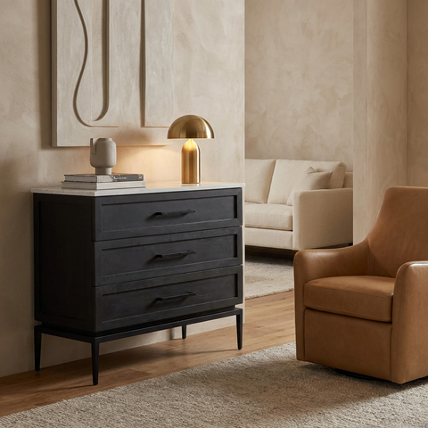 Divina Black-Brown Marble-Top Accent Cabinet