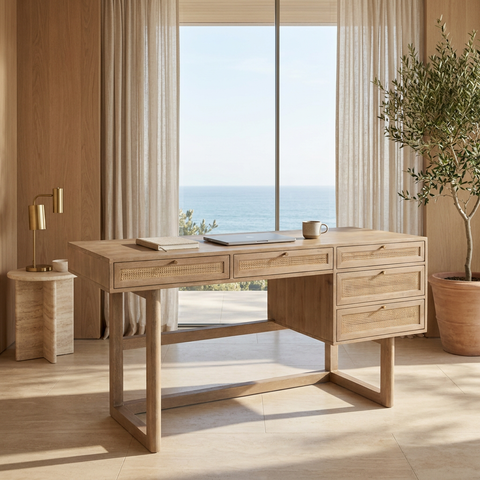 Grier Light Brown Mango Wood Cane Desk
