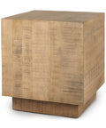 Wooden cube-shaped side table on a white background