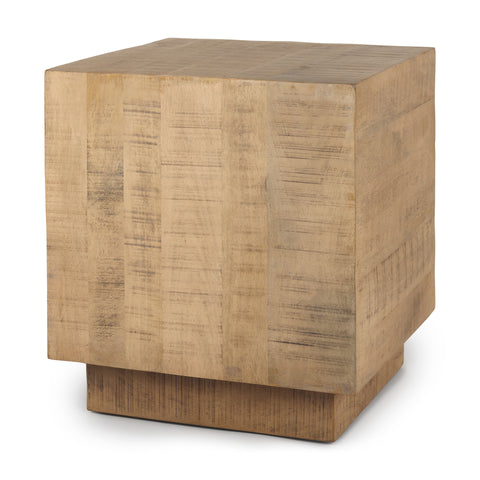 Wooden cube-shaped side table on a white background